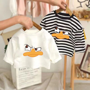 การ์ตูนพิมพ์เสื้อยืดแขนยาวสําหรับผู้ชายผู้หญิงเด็กผ้าฝ้ายลายหลวม Fit ยอดนิยมเสื้อสําหรับฤดูใบไม้ผลิฤดูใบไม้ร่วง