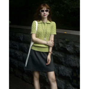 YUEZHONGWEI | Dopamine Green Short Sleeve Polo Neck Knitted T-Shirt Women Summer Slim Fit Short Length Top Korean Style Commute Fashion