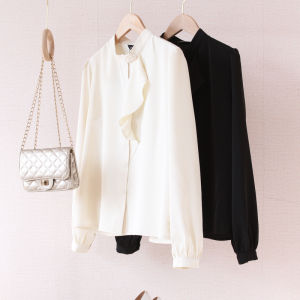 Womens plus Size Long Sleeve Shirt Stand Collar Lace Trim OL Versatile Design Spring Summer New Style Beige Black Polyester Fiber