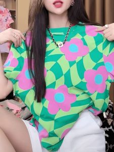 เสื้อยืดแขนสั้นผู้หญิงผ้าฝ้ายพิมพ์ลายดอกไม้สไตล์ใหม่ฤดูร้อน ทรงหลวม สไตล์เกาหลี คอกลม ปกติ