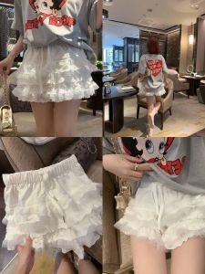 South Korea Dongdaemun Summer New Arrival Platform Shoes Elastic Waist Lace Shorts Womens Elastic Waist All-Match White Leggings Tide