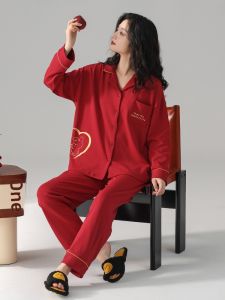 Fenteng Pure Cotton Womens Sleepwear Long Sleeve Thin Home Clothes Red Lucky Year Winter Outdoor Wearable Spring Autumn