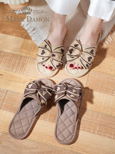 รองเท้าแตะผู้หญิงแบบมีสายรัดโบว์สไตล์เกาหลี ผลิตจากผ้าฝ้ายแท้ ป้องกันการลื่น รองเท้าแตะสำหรับในบ้าน รองเท้าแตะแบบสวมสบาย