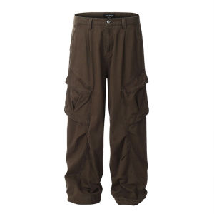 American Retro Loose Wide Leg Casual Pants with Pockets Destructed Wrinkle Knife Edge Workwear Trousers for Young Men