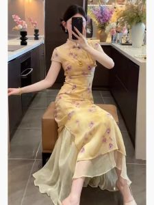 New Chinese Style Floral Print Qipao Dress Bodycon Skirt Soft Cotton Short Sleeve Womens Fashion Autumn Season City Commute