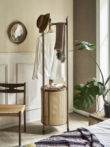 Retro Wooden Clothesline Stand Movable Storage Rack for Bedroom Dirty Laundry Basket Vertical Wicker Coat Hat Rack