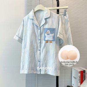 DAISONG | Cotton Sateen Summer Ladies Sleepwear Set with Pads