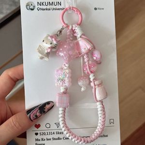 Sanrio | INS Sanrio Hello Kitty Sweet Pink Hand Woven Phone Case Wrist Strap Bead Keychain Bag Decor Pendant for Girl Woman Phone Lanyard