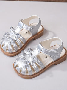 Princess Sandals for Girls Summer New Style Slip-On Soft Bottom Anti-Slip Shoes with Magic Tape Covering Head Butterfly Knot