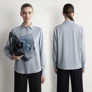 AMII | Turn-down Collar Abstract Letter Print Satin Womens Shirt