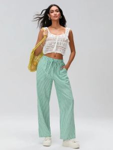 Women Elastic Waist Drawstring Vertical Stripe Wide Leg Pants High Waist Loose Casual Straight Trousers