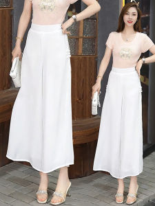 MEITESIJIAONU | White Knee Length Chiffon Silk-Like Pants for Summer Thin Casual Flared Split Leg