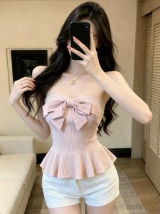 GUZILIAN | Fashion Halter Crop Top Bow Accent Slimming Sleeveless