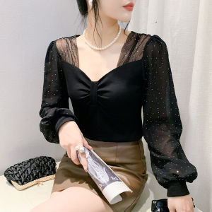 ทันสมัย สตรีทสไตล์ แขนยาว ตาข่าย Splice เสื้อท่อนบน ผู้หญิง เสื้อเบส อินเทรนด์ แขนฟองคอวีสีทึบทุกสี