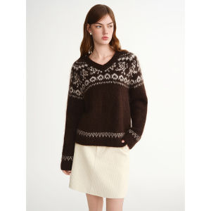 DUSHU | Plus Size Snow Pattern Retro Fair Isle V-neck Sweater Winter