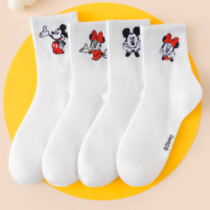 Disney | 4 Pairs of Disney Cute Mickey and Minnie Anime Ship Socks Minimally Cartoon Printed Cotton Womens White Casual Socks