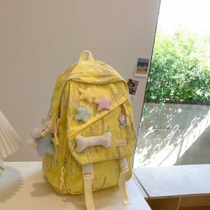 Girls School Bag Junior High School Backpack Star Decoration Foldable Water Resistant Nylon Fabric Dual Shoulder Strap Backpack