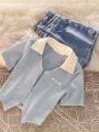 Girls Summer Outfit Set Zipper Short Sleeve Denim Shorts Casual Sweet Korean Style Children's Clothing Two-Piece Set Irregular Design. 