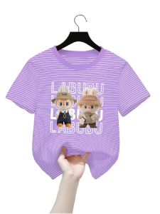 Atasan Baju Kaos Salur Kekinian Untuk Anak Perempuan Lengan Pendek Motif LABUBU Viral usia 1-12 Thn