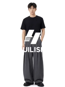 HUILISHI Korean pleated design solid color wide-leg pants loose straight high-waisted casual mens and womens trousers.