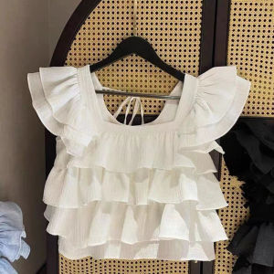 Melario | New Summer Girls Clothing for 2-7 Years Old Korean Version Sweet and Cute Square Neck Pleated Lace Sleeves Backless Bow Top