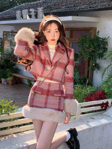 French Vintage Thickened Cotton Woolen Coat Womens Autumn Winter High Waist Mini Skirt Two-Piece Set Long Sleeve V-Neck Button Closure