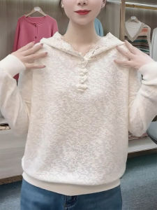 QINGNAER | Lace Jacquard Hooded Knit Top