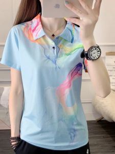 Quick Dry Short Sleeve Womens T-shirt Colorful Inkjet Print Outdoor Running Fitness Sportswear Breathable Sweat Absorbent