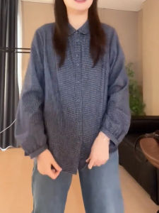 French Vintage Plaid Shirt Womens Spring Autumn Casual Loose Slimming Versatile Top Trendy Button-Up Long Sleeve Striped Blouse