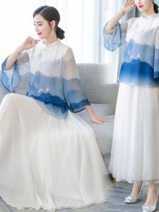 Single/Two-piece Set Chinese Style Zen Improved Hanfu Element Skirt Spring and Summer Hand Painted Print Chiffon Tea Clothes Yoga