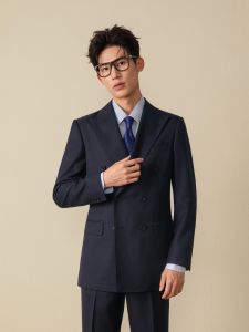 Double Breasted Wool Suit Men Set Groom Wedding Tuxedo Navy Blue Business High-end