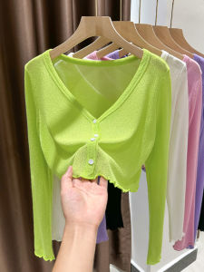 Green Short Ice Silk Knitted Open Cardigan Womens Thin Summer Shawl Mini Jacket Air Conditioner Shirt Strap Dress Outerwear