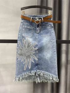 Luxury Embellished Rhinestone Fringe Denim Midi Skirt