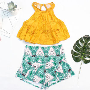Student Womens Bikini Swimsuit Backless Lace Trim Flounce Hem Two-Piece Set Green White Red Large Yellow Vest Top