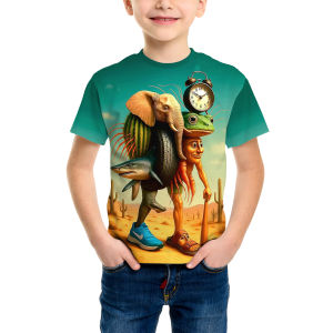 FantasyCreatures AllianceChildrens Pattern T-shirt 3D Digital Printed Desert AdventureFeaturing Elephant Frog and Shark Designs