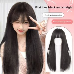 MONLEYTA | Long Straight Hair Wig Women Thin Summer Full Head Air Bangs Lolita Round Face Sweet Natural Looking Fake Hair For Women