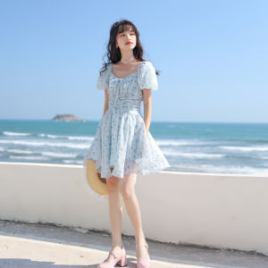 French Elegant Gentle Style Unique Floral Print Mini Dress Womens Summer Fashion U-Neck Short Sleeve A-Line Skirt Dress