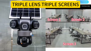 Solar CCTV V380 Pro Three Lens With WiFi 4G Sim Card Outdoor Waterproof IP Camera Full Color Night Vision Auto Tracking Alarm Solar Battery Powered CCTV Camera