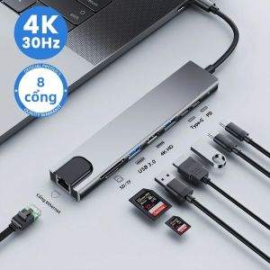 Hub USB C 8 Trong 1 7 Trong 2 7 Trong 1 Chuyển Đổi Type C Sang HDMI 4K Với Đầu Đọc Thẻ RJ45/SD/TF Sạc Nhanh PD Cho MacBook Máy Tính Xách Tay