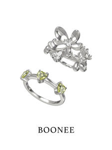 Boonee Secret Garden Series Heart Shaped Green Zircon Flower Cluster Ring Womens Unique Design High End Feeling Index Finger Ring