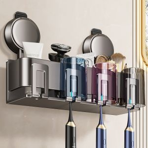 Bathroom Wall-Mounted Suction Cup Toothbrush Cup Storage Rack No Drilling Required Sink Spout Cup Organizer Household Essential