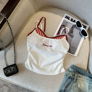 GUZILIAN | Womens Lace Plaid Camisole Tank Top Slim Fit Inner Wear Summer New Style White With Chest Pad Two-Piece Set Underwear