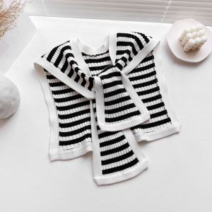 Hannikizi Knitted Shawl Fashionable Black White Stripes Shoulder Wrap Womens Outerwear Shirt Style Spring Autumn Winter Multiuse