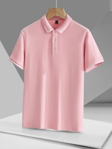 Pink Polo Shirt Short Sleeve Casual Turn-down Collar Wedding Business Leisure Summer Trend Mens Clothing Pure Color Top