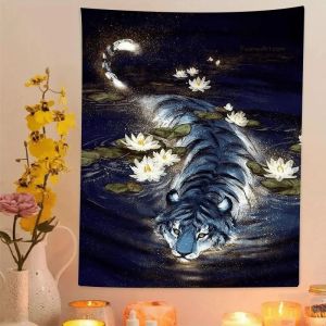 VIKAMA Hổ Hoa Súng Tấm Thảm Đêm Hồ Động Vật Nghệ Thuật Polyester Treo Tường Thẩm Mỹ Phòng Ngủ Ký Túc Xá Trang Trí Phòng Khách