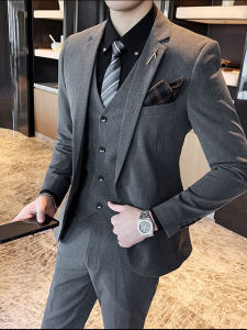 Business Casual Tailored Mens Wedding Suit Korean Style Polyester Pure Color Flat Collar Single Button Fashion Urban All Seasons