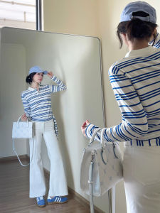 Áo Thun Tay Dài Ôm Vừa Vặn Cổ Polo Họa Tiết Sọc Xanh Trắng Cho Nữ Mùa Xuân Thu Thời Trang