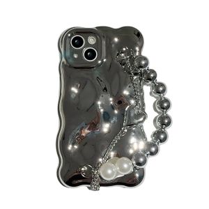 เคสโทรศัพท์แบบนุ่มป้องกันการตกหล่นพร้อมสายหัวใจเงินชุบไฟฟ้าสำหรับ iPhone 14 pro Max ป้องกันขอบเต็ม ลายคลื่น ลายดอกไม้ สไตล์เกาหลี