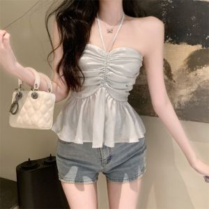 GUZILIAN | Elegant Folded Waist Small Strap Vest Womens Outerwear High-End Summer Spicy Neck Hanging Tube Top Sweet Style Pure Color