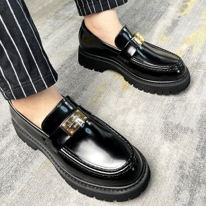 White Thick Bottom Casual Loafers Mens Slip-On Shoes Heightening Leisure British Style round Toe Ultra-Leather Footwear